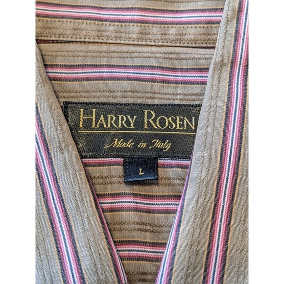 Harry Rosen Mens L Casual Button Up Shirt Olive Green Pink Striped Cotton Italy - Picture 4 of 5